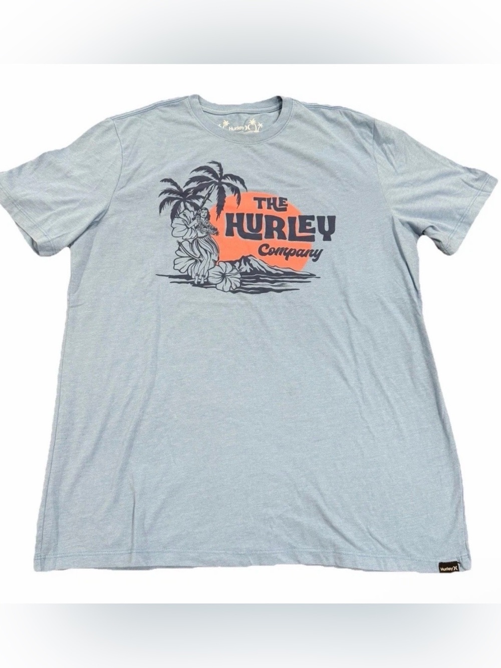 Hurley Light Blue Short Sleeve Tee with Orange Palm Graphic